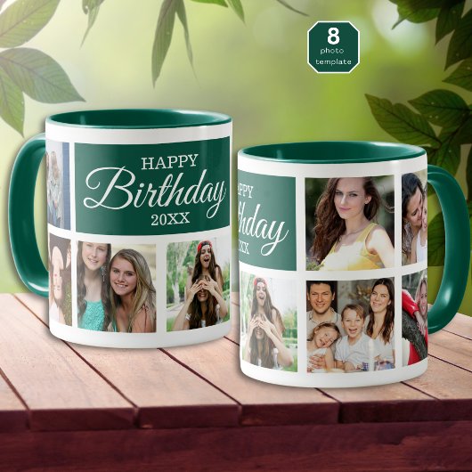 Mug 8 Photo Collage Green Happy Birthday