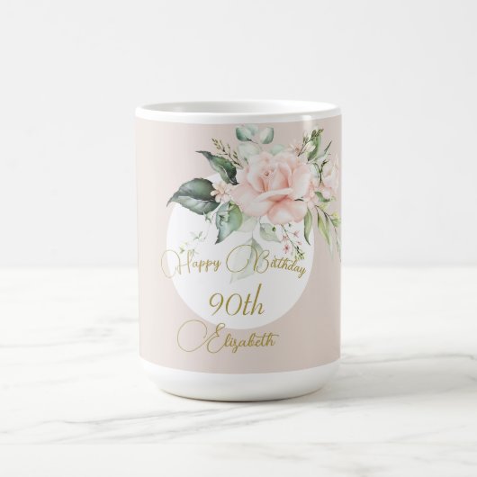 Mug 90e anniversaire aquarelle rose florale élégant (Centre)