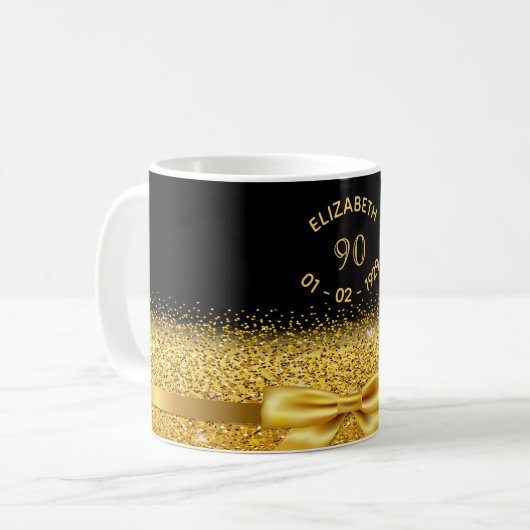 Mug 90e anniversaire noir nom or classique élégant arc (Devant gauche)