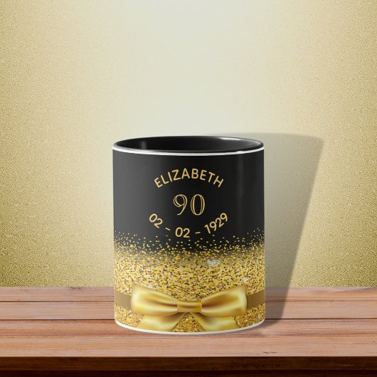 Mug 90e anniversaire noir nom or classique élégant arc