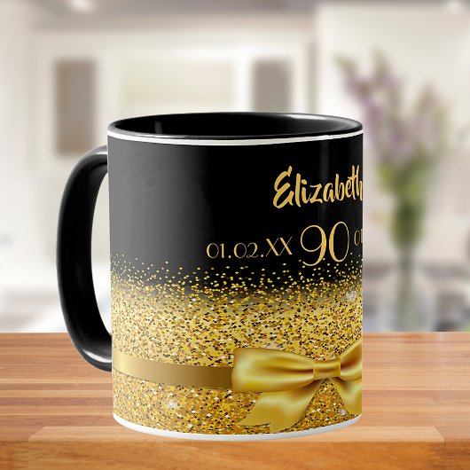 Mug 90e anniversaire noir or nom classique élégant