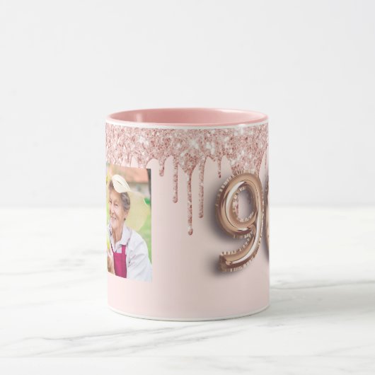 Mug 90e anniversaire photo blush rose rose or parties  (Centre)