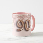 Mug 90e anniversaire photo blush rose rose or parties  (Devant droit)