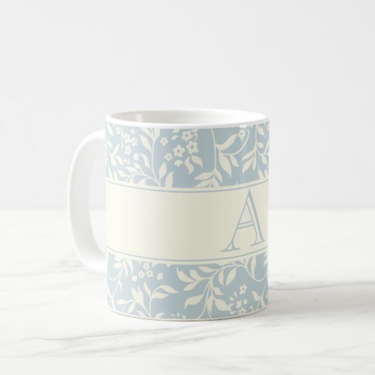 Mug à café Monogram Floral Bleu et feuillage (Devant gauche)