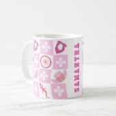 Mug À damiers de poule rose personnalisée avec fleurs (Devant gauche)
