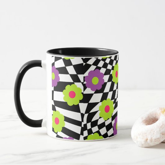 Mug À damiers noir et blanc avec fleurs (Avec donut)