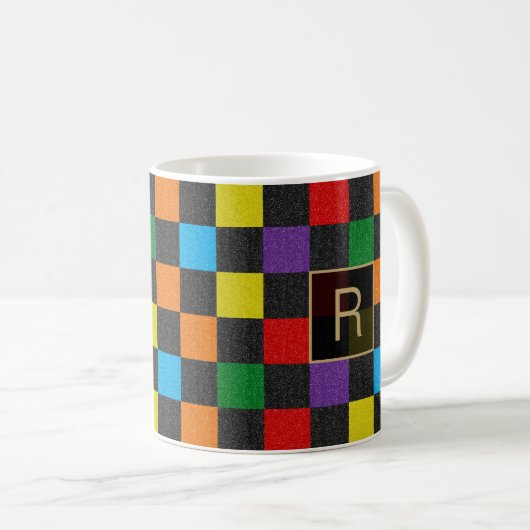 Mug à damiers Parties scintillant Rainbow Custom Monog (Devant droit)