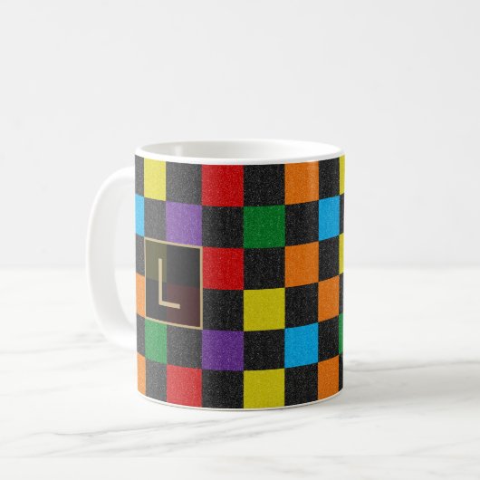 Mug à damiers Parties scintillant Rainbow Custom Monog (Devant gauche)