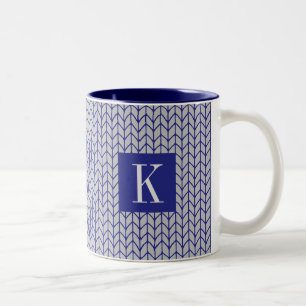 Mug à deux tons BLEU GRIS TRICOTÉ Navy + Initiale
