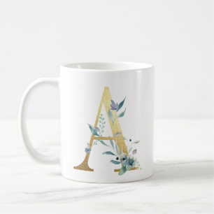 Mug A, initiale or avec feuillage floral bleu