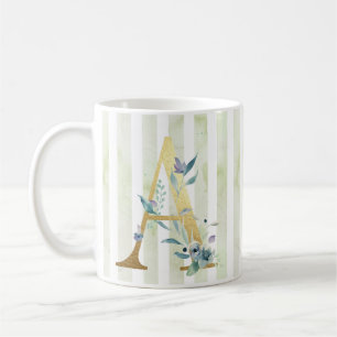 Mug A, initiale or sur bandes bleu et blanc