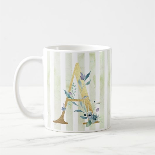Mug A, initiale or sur bandes bleu et blanc (Gauche)