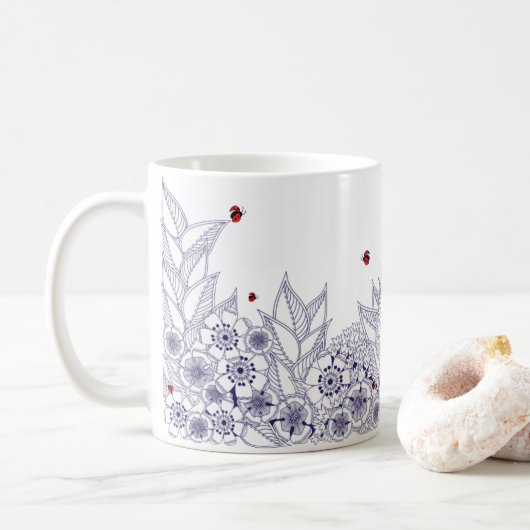 Mug à la frontière florale bleue (Avec donut)