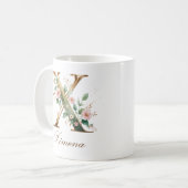 Mug à monogramme X floral or élégant (Devant gauche)