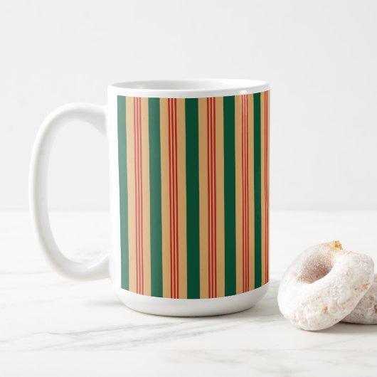 Mug à rayures rouge, vert et or - Grand (Avec donut)