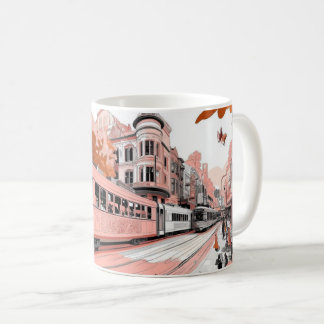 Mug A tram in a retro illustration style, reminiscent 