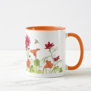 Mug Abeille de miel Nasturtiums Orange Peint Fleurs de