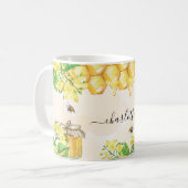 Mug abeilles bourdon miel jaune florales nom script (Devant gauche)