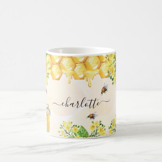 Mug abeilles bourdon miel jaune florales nom script (Centre)