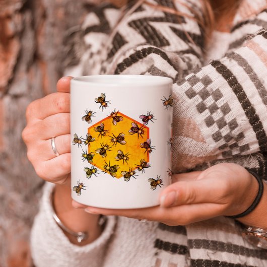 Mug Abeilles de miel avec dessin d'hexagone jaune oran