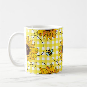 Mug Abeilles, tournesols, à damiers, motif vintage.