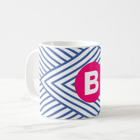 Mug Abstract Blue Stripey Pattern Pink Monogram (Devant gauche)
