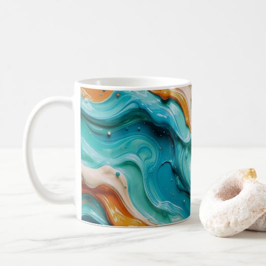 Mug Abstract Swirling Teal and Orange Glossy Fluid (Avec donut)