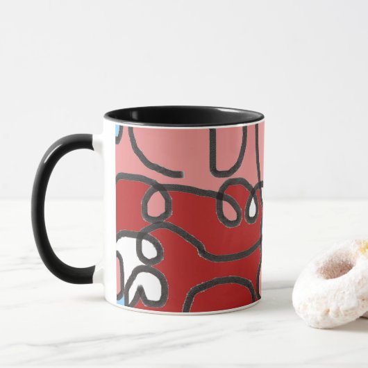Mug Abstrait Floral rouge, rose et bleu (Avec donut)