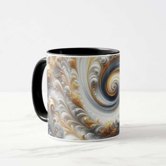 Mug Abstrait Moderne Tourbillonnant Or, Noir et Blanc (Devant gauche)