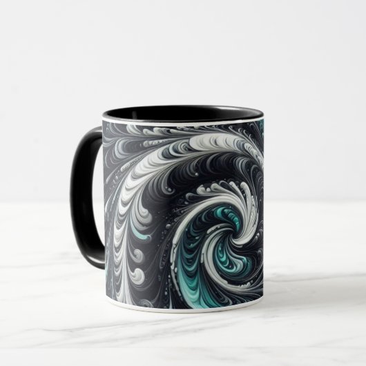 Mug Abstrait Moderne Tourbillonnant Vert, Argent et No (Devant gauche)