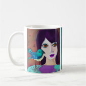 Mug Abstraite fille et oiseau pourpre et Turquoise Per (Gauche)