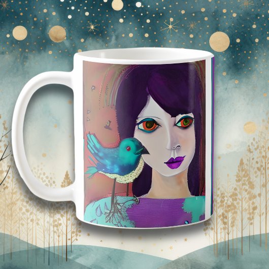 Mug Abstraite fille et oiseau pourpre et Turquoise Per