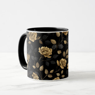 Mug Accent de rose élégant en or sur motif floral noir