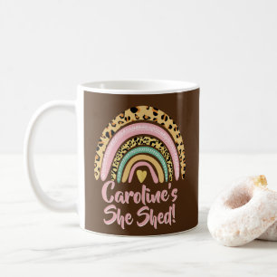 Mug Add Name She Shed Leopard Print Pink Rainbow Heart
