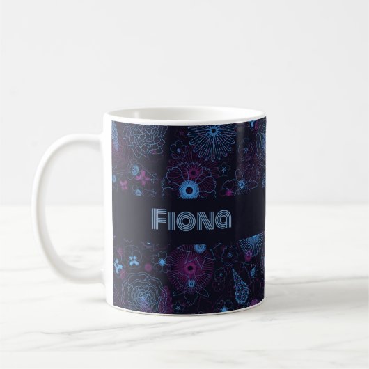 Mug Add Your Name Floral Outline Blue & Purple Pattern (Gauche)