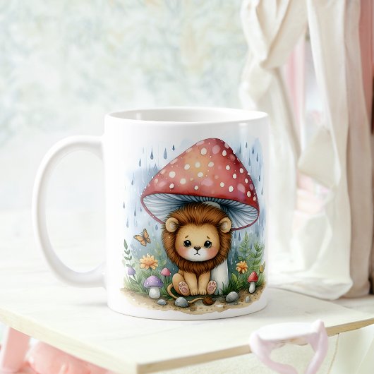 Mug Adorable Bébé Lion Cub Sous Parapluie Champignons