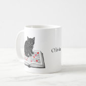 Mug Adorable Black Cat Kitten on Book Custom Name (Devant gauche)