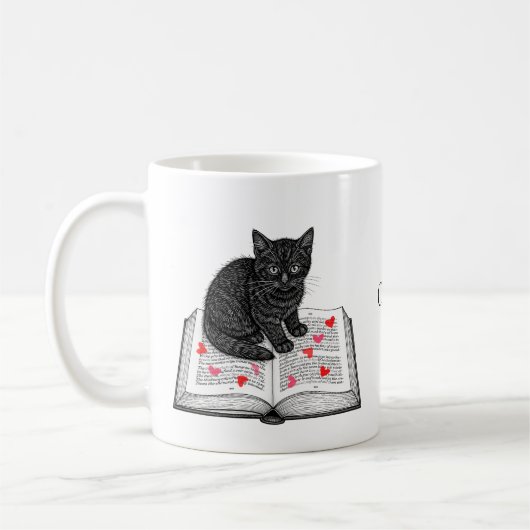 Mug Adorable Black Cat Kitten on Book Custom Name (Gauche)
