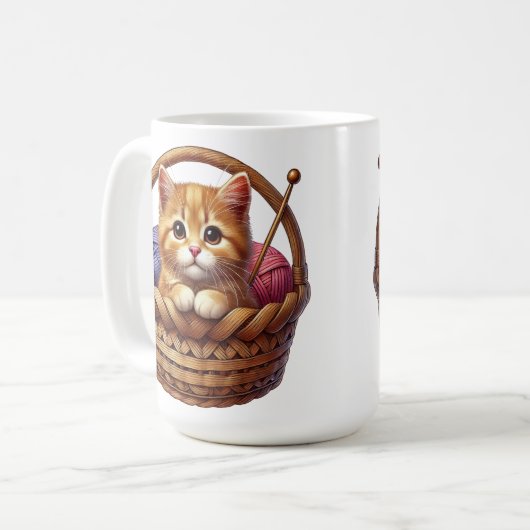 Mug adorable chaton orange en panier avec fils (Devant gauche)