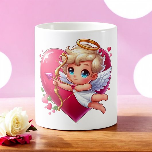 Mug Adorable Flying Cupid with Heart & Arrow 