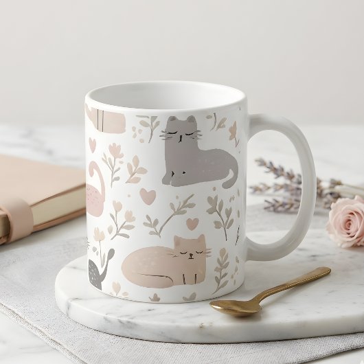 Mug Adorable Pastel Cat & Floral Pattern Coffee