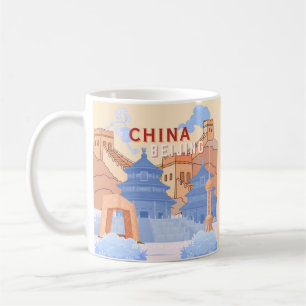 Mug Affiche de voyage à Pékin Chine   Bleu pastel et p