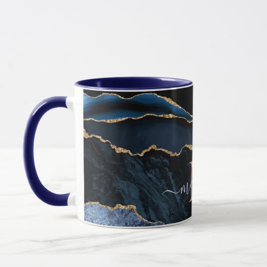 Mug Agate Marine Blue Gold Gemstone Marble Nom du mono (Gauche)
