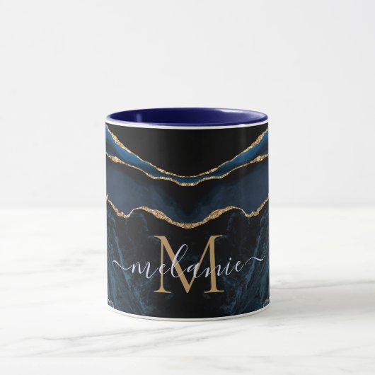 Mug Agate Marine Blue Gold Gemstone Marble Nom du mono (Centre)