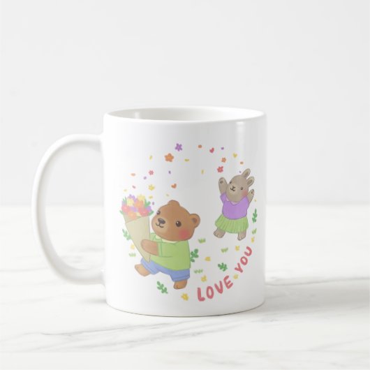 Mug Aimez-vous : Ours et lapin en peluche avec fleurs (Gauche)