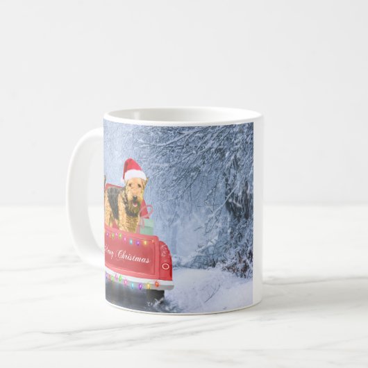 Mug Airedale Terrier Chien en Neige assis à Noël (Devant gauche)