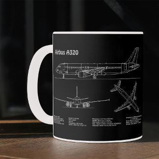 Mug Airplane Airbus A320 in Blueprint Drawing PD