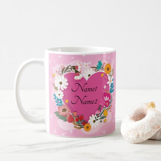 Mug Ajouter des noms Texte Valentines Jour Rose Floral (Avec donut)