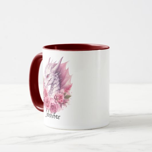 Mug Ajouter un nom, Dragon rose avec fleurs (Devant gauche)