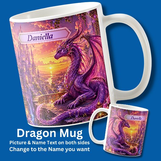 Mug Ajouter un nom Dragon Rose Violet Gardant le Châte
